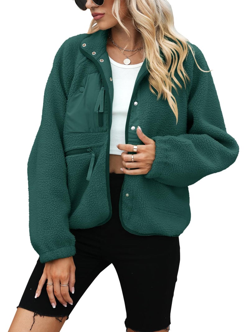 Yanekop Sherpa Jacket Women Fall Winter Faux Fur Coat Fuzzy Fleece Jacket Button Up Cozy Sweaters Warm Winter Clothes(A Dark Green,S) - Image 2