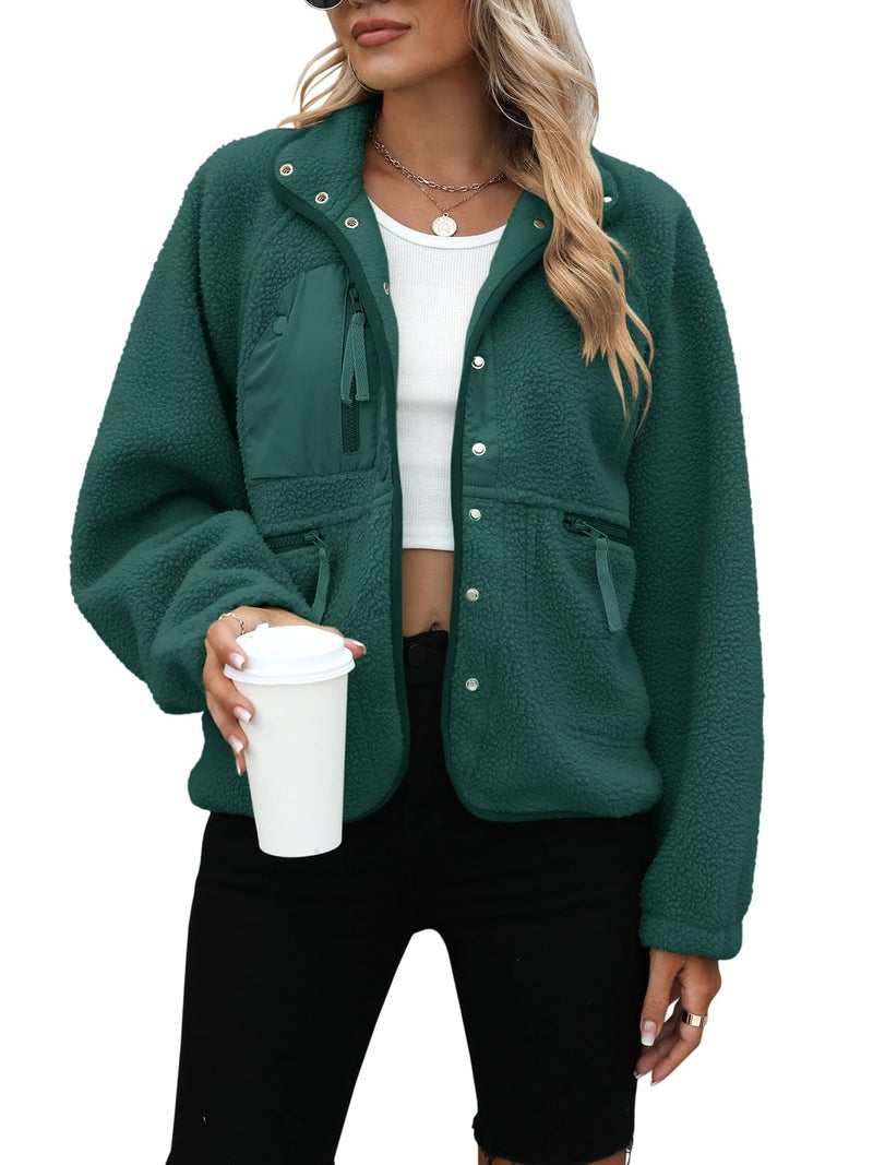 Yanekop Sherpa Jacket Women Fall Winter Faux Fur Coat Fuzzy Fleece Jacket Button Up Cozy Sweaters Warm Winter Clothes(A Dark Green,S) - Image 1