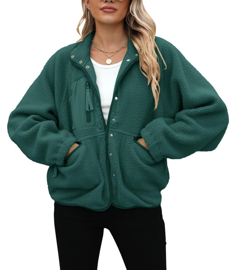 Yanekop Sherpa Jacket Women Fall Winter Faux Fur Coat Fuzzy Fleece Jacket Button Up Cozy Sweaters Warm Winter Clothes(A Dark Green,S) - Image 3