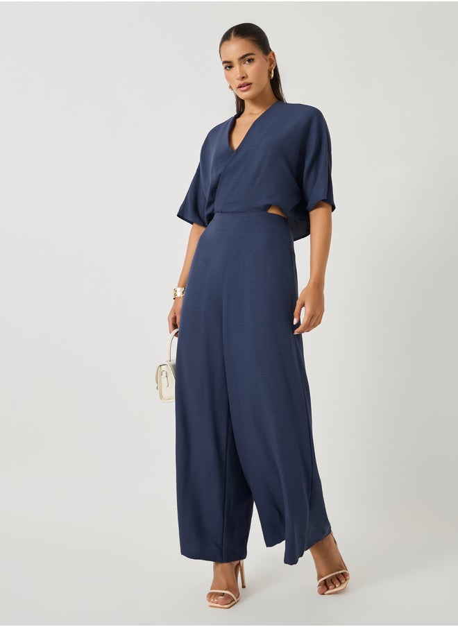 Styli Solid Batwing Sleeves Wrap Look Wide Leg Jumpsuit  - Image 1