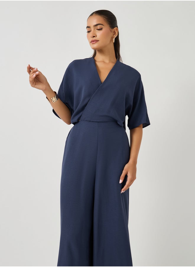 Styli Solid Batwing Sleeves Wrap Look Wide Leg Jumpsuit  - Image 2