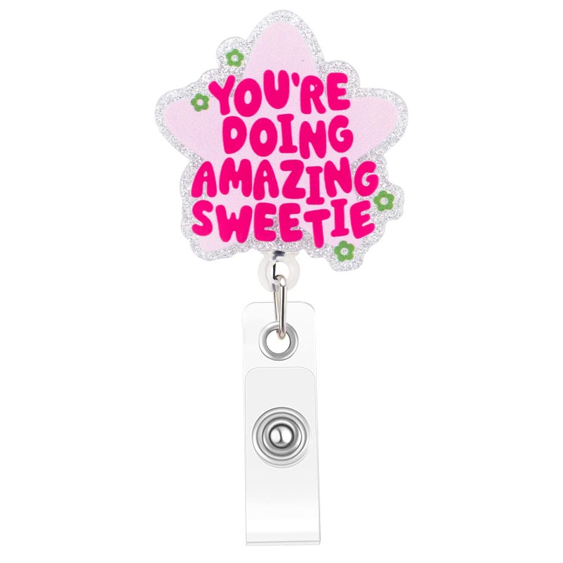 Kimoli Cute and Funny Nurse Badge Reel, Retractable Nursing Social Worker Badge Reel Accessories, Pink Id Card Holder for Women Girl, You're Doing Amazing Sweetie, Nurse Gifts - Image 1
