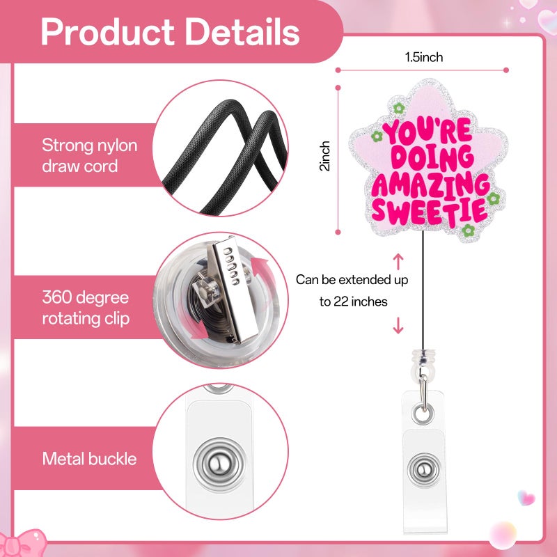 Kimoli Cute and Funny Nurse Badge Reel, Retractable Nursing Social Worker Badge Reel Accessories, Pink Id Card Holder for Women Girl, You're Doing Amazing Sweetie, Nurse Gifts - Image 2