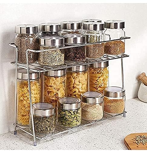 CR18 COLLECTION Stainless Steel Kitchen Rack,Organizer and Space Saver, Counter top Stainless Steel Kitchen Stand 2-Tier Trolley Basket for Boxes Utensils Dishes Plates for Home (Floor Type Self) - Image 1