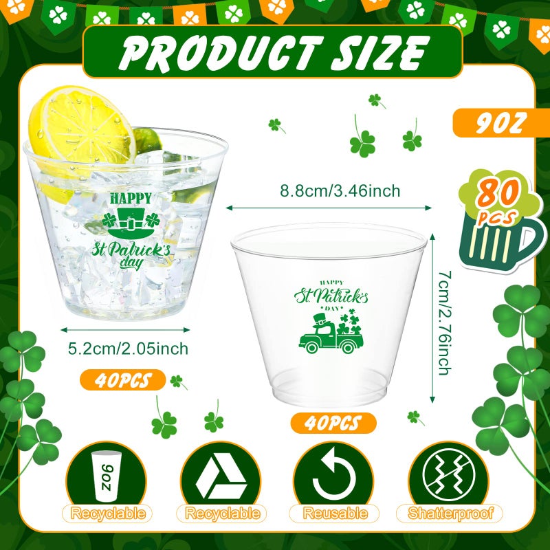 Eaasty 80 Pcs St. Patrick's Day Disposable Plastic Cups Clear Saint Patrick's Day Pet Irish Shamrock Clear Plastic Cups Lucky St Patty's Day Party Supply for Beer Beverage  2 Styles(9 Oz) - Image 1