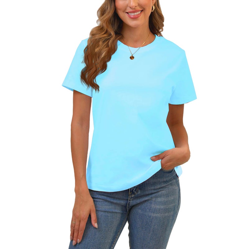 BJY 100% Cotton Soft Basic Crew Neck T Shirts for Women, Short Sleeve Casual Summer Tops, Trendy Solid Loose Fit Plain Tshirt, Light Blue Tees - Image 1