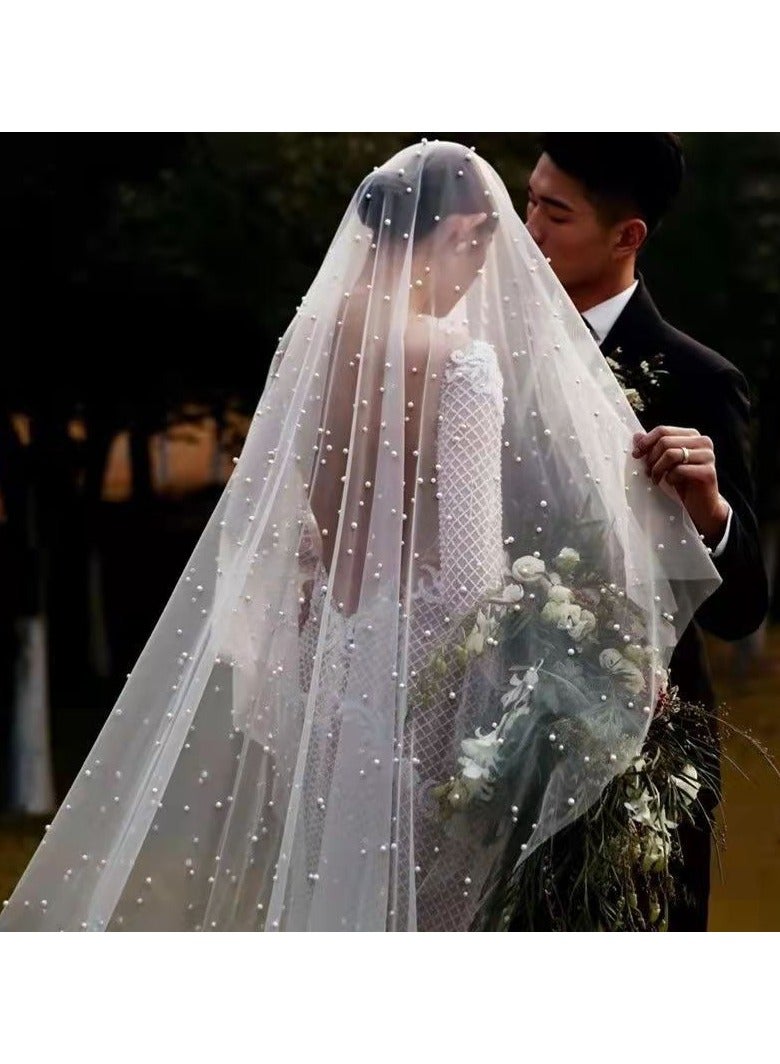 طرحة زفاف نسائية طويلة الإضاءة مع تاج لؤلؤي ، طرحة زفاف (3 م × 1.5 م) (أبيض) - Image 1