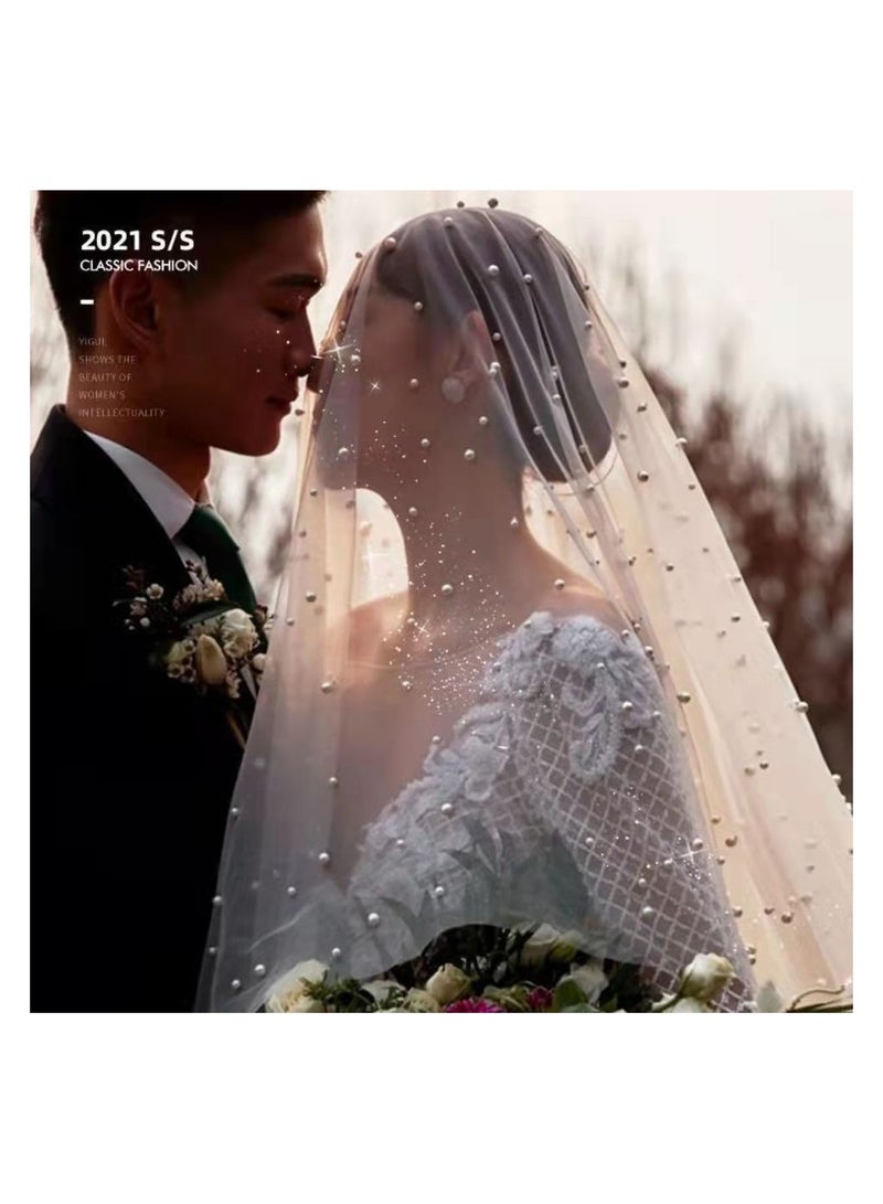 طرحة زفاف نسائية طويلة الإضاءة مع تاج لؤلؤي ، طرحة زفاف (3 م × 1.5 م) (أبيض) - Image 2