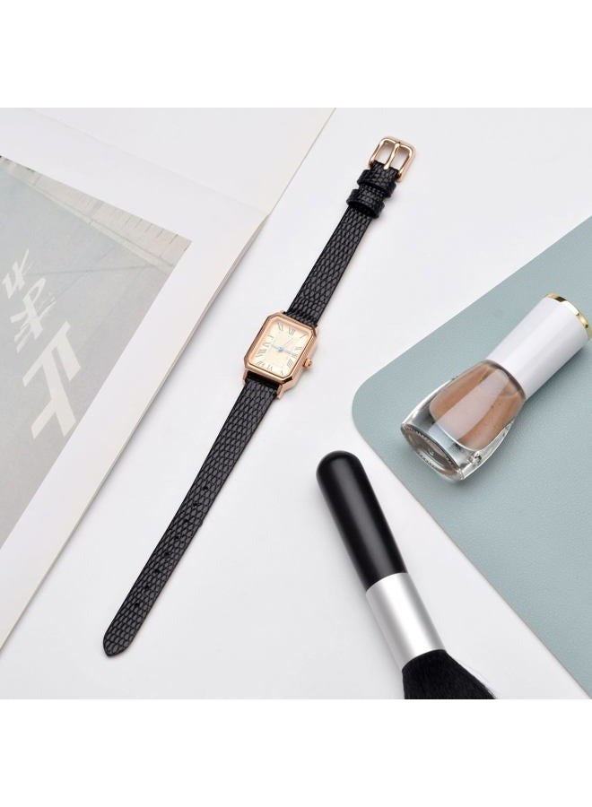 ANNEFIT Women's Leather Watch Band 13mm with Rose Gold Buckle, Lizard Grain Slim Thin Replacement Strap (Black) - Image 2