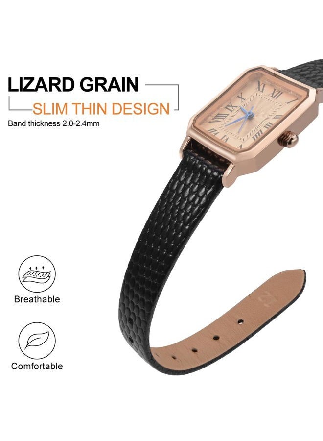 ANNEFIT Women's Leather Watch Band 13mm with Rose Gold Buckle, Lizard Grain Slim Thin Replacement Strap (Black) - Image 3