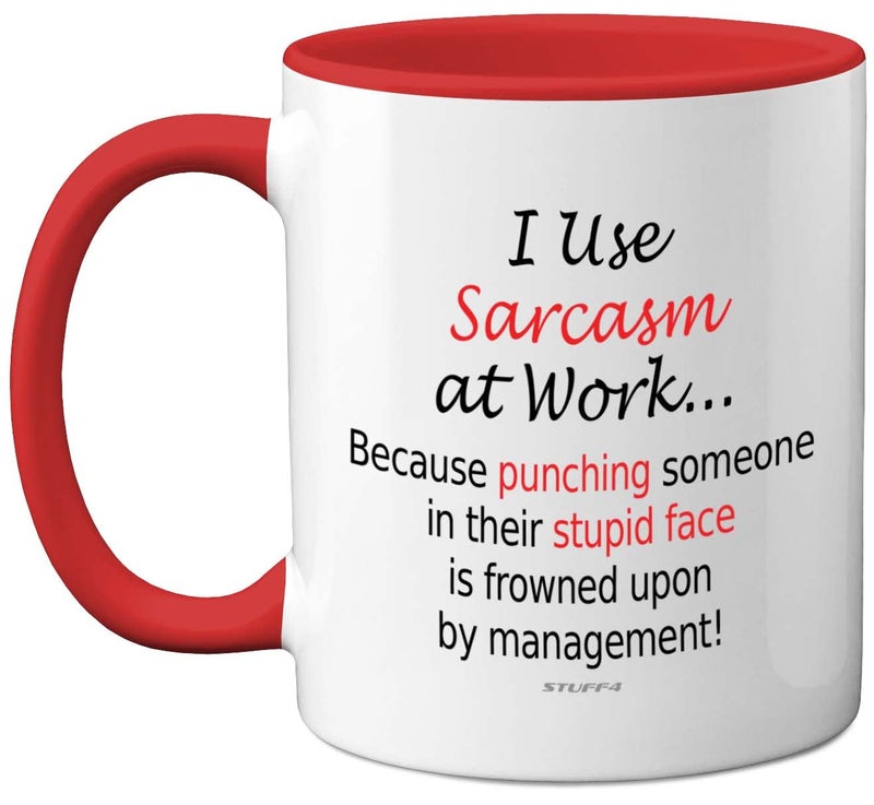 Funny Mugs  I Use Sarcasm at Work  Novelty Mugs for Colleagues Secret Santa Christmas Birthday Gifts 11oz Dishwasher Safe Red Handle Mug