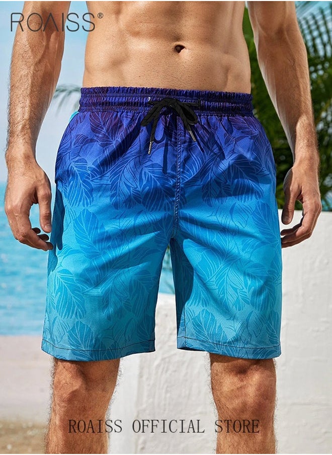 Ombre Tropical Print Drawstring Swim Trunks for Men Quick Dry Loose Fit Comfy and Breathable Bathing Shorts Mens Casual Elastic Sports Beach Shorts with Pockets and Mesh Lining