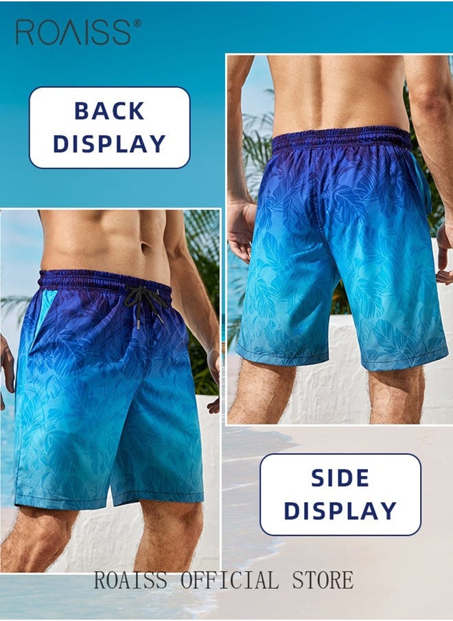 Ombre Tropical Print Drawstring Swim Trunks for Men Quick Dry Loose Fit Comfy and Breathable Bathing Shorts Mens Casual Elastic Sports Beach Shorts with Pockets and Mesh Lining