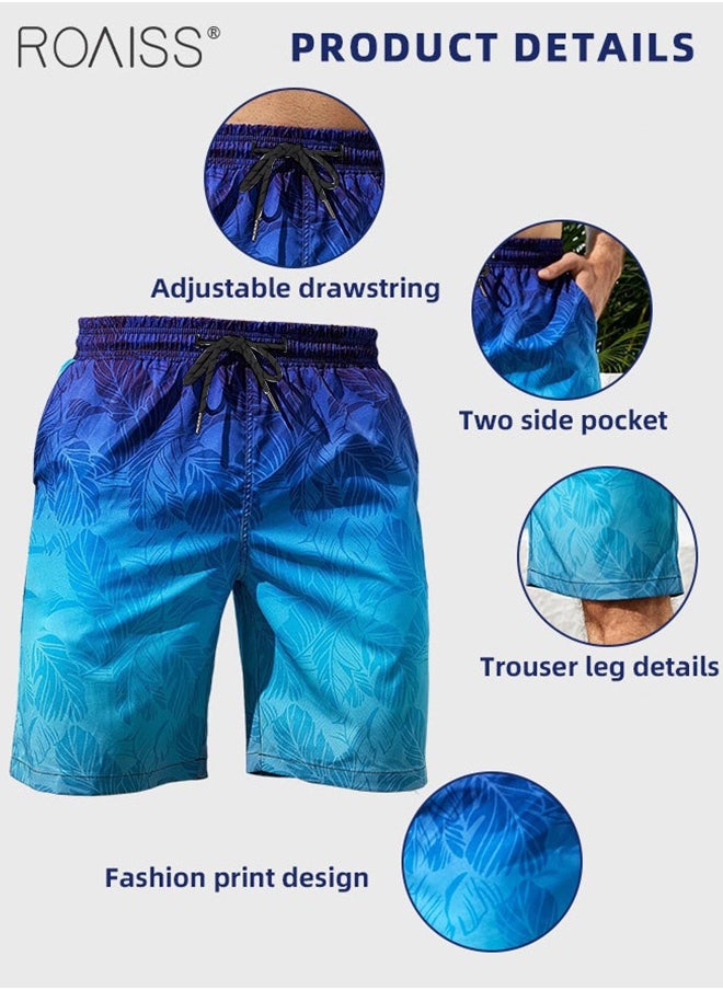 Ombre Tropical Print Drawstring Swim Trunks for Men Quick Dry Loose Fit Comfy and Breathable Bathing Shorts Mens Casual Elastic Sports Beach Shorts with Pockets and Mesh Lining