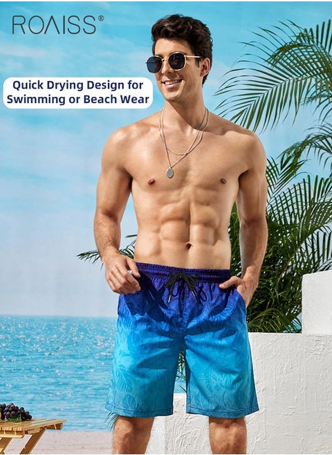 Ombre Tropical Print Drawstring Swim Trunks for Men Quick Dry Loose Fit Comfy and Breathable Bathing Shorts Mens Casual Elastic Sports Beach Shorts with Pockets and Mesh Lining