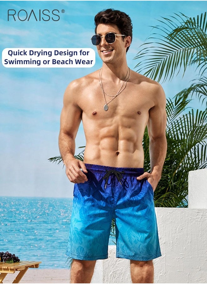 Ombre Tropical Print Drawstring Swim Trunks for Men Quick Dry Loose Fit Comfy and Breathable Bathing Shorts Mens Casual Elastic Sports Beach Shorts with Pockets and Mesh Lining