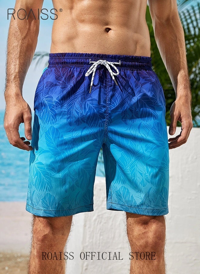 roaiss Ombre Tropical Print Drawstring Swim Trunks for Men Quick Dry Loose Fit Comfy and Breathable Bathing Shorts Mens Casual Elastic Sports Beach Shorts with Pockets and Mesh Lining Hawaiian Shorts - Image 1