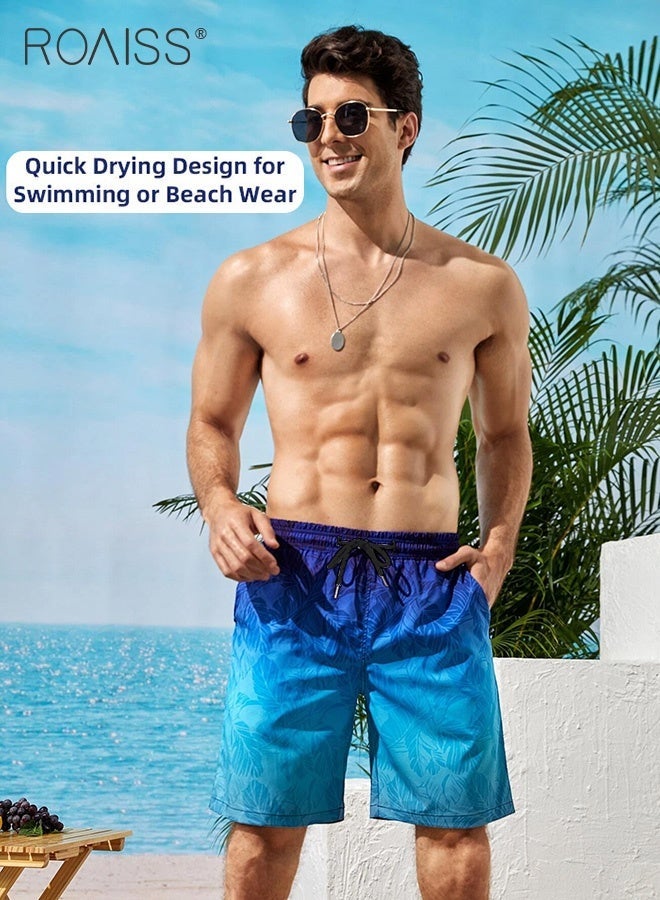 roaiss Ombre Tropical Print Drawstring Swim Trunks for Men Quick Dry Loose Fit Comfy and Breathable Bathing Shorts Mens Casual Elastic Sports Beach Shorts with Pockets and Mesh Lining Hawaiian Shorts - Image 2