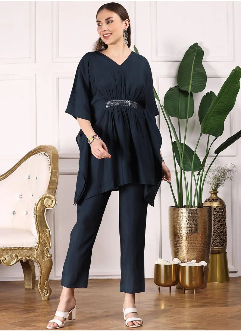 ISHIN Regular Fit Embellished Pattern Round Neck Neck Three-Quarter Sleeve Navy Colour Knitted Silk Kurta Set for Women with Mid-Rise Closure - Crafted for Elegance and Ease