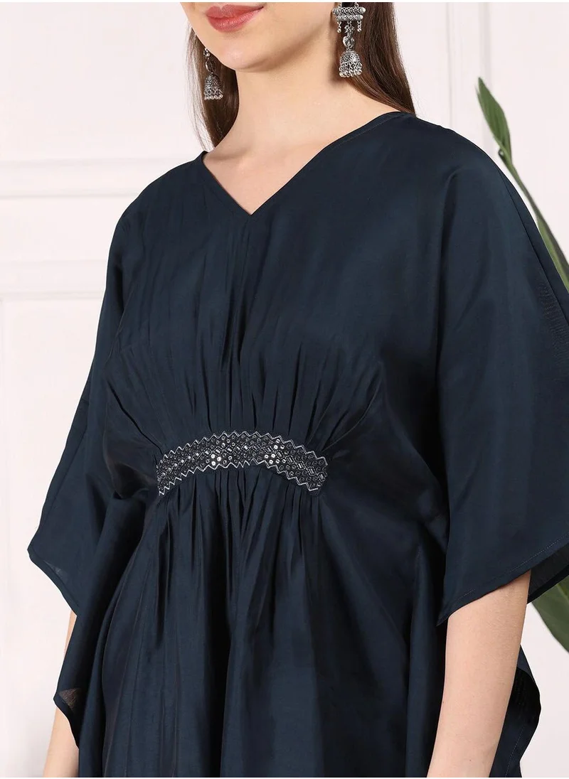 ISHIN Regular Fit Embellished Pattern Round Neck Neck Three-Quarter Sleeve Navy Colour Knitted Silk Kurta Set for Women with Mid-Rise Closure - Crafted for Elegance and Ease
