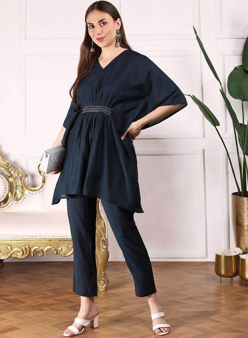 ISHIN Women's Navy Silk Embellished Regular Fit Kurta Set - Image 5