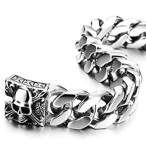 COOLSTEELANDBEYOND Mens Large Stainless Steel Curb Chain Bracelet with Fleur De Lis and Skull, Polished, Biker Gothic - Image 4