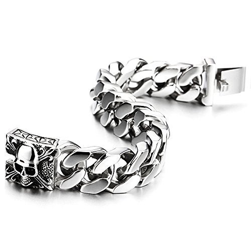 COOLSTEELANDBEYOND Mens Large Stainless Steel Curb Chain Bracelet with Fleur De Lis and Skull, Polished, Biker Gothic - Image 3