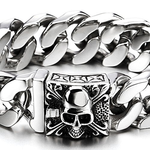 COOLSTEELANDBEYOND Mens Large Stainless Steel Curb Chain Bracelet with Fleur De Lis and Skull, Polished, Biker Gothic - Image 2