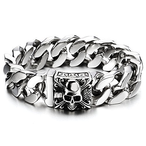 COOLSTEELANDBEYOND Mens Large Stainless Steel Curb Chain Bracelet with Fleur De Lis and Skull, Polished, Biker Gothic - Image 5