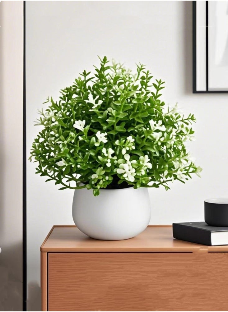 Kutis 1-Piece Simulation Potted Decorative Artificial Bonsai Plant Green Leaf Home Bedroom Living Room Desktop Decoration Green/White 22 cm  - Image 2