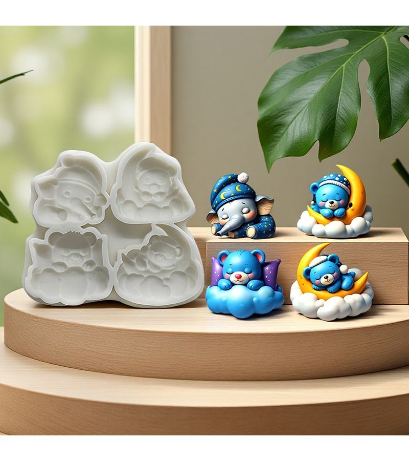 1pc 4 Cavity Cute Good Night Animal Theme Fondant Silicone Mold Bear And Elephant Cake Decoration Chocolate Fudge Baking Tool Clay Resin Mold - Image 4