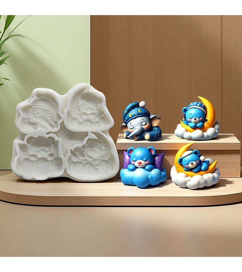 1pc 4 Cavity Cute Good Night Animal Theme Fondant Silicone Mold Bear And Elephant Cake Decoration Chocolate Fudge Baking Tool Clay Resin Mold - Image 1