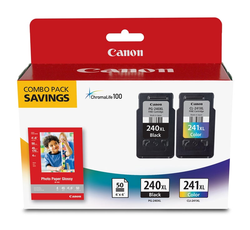 Canon PG-240 XL / CL-241 XL Genuine Ink Value Pack (2 Cartridges) with 50-Sheet Photo Paper, Compatible with MG2120/3120/4120/2220/3220/4220/3520/3620, MX372/392/432/452/472/512/522/532, TS5120 - Image 1