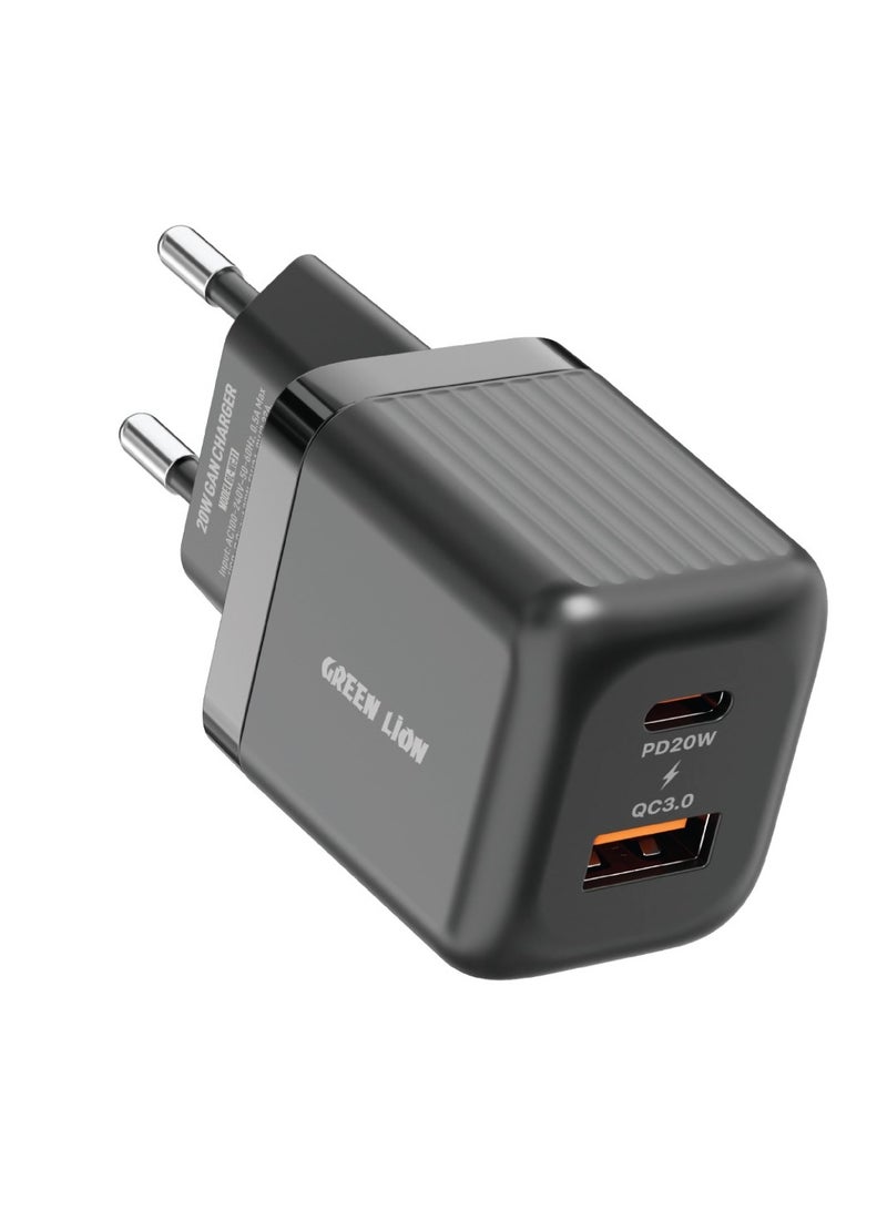 GREEN LION Ultra Compact GaN Wall Charger 2 Port EU Pin PD20W + QC3.0/ USB-C & USB-A Ports / Simultaneous Charging for Phone & Laptop /Charging Protection / Travel / Secure Charger for Home & Office - Black - Image 1