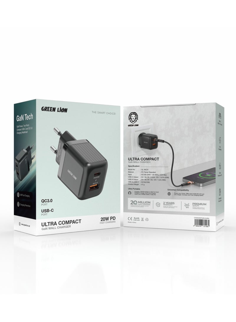 GREEN LION Ultra Compact GaN Wall Charger 2 Port EU Pin PD20W + QC3.0/ USB-C & USB-A Ports / Simultaneous Charging for Phone & Laptop /Charging Protection / Travel / Secure Charger for Home & Office - Black - Image 3