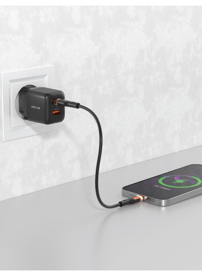 GREEN LION Ultra Compact GaN Wall Charger 2 Port EU Pin PD20W + QC3.0/ USB-C & USB-A Ports / Simultaneous Charging for Phone & Laptop /Charging Protection / Travel / Secure Charger for Home & Office - Black - Image 2