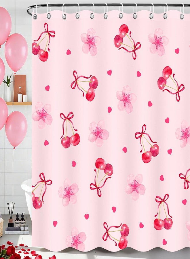 LSYDCARM Cherry Shower Curtain, Pink Shower Curtain with Floral Heart Cherry Decoration, 71x71 Inches Waterproof Fabric Bathtub Curtains for Girls Kids Bathroom Decor - Image 1