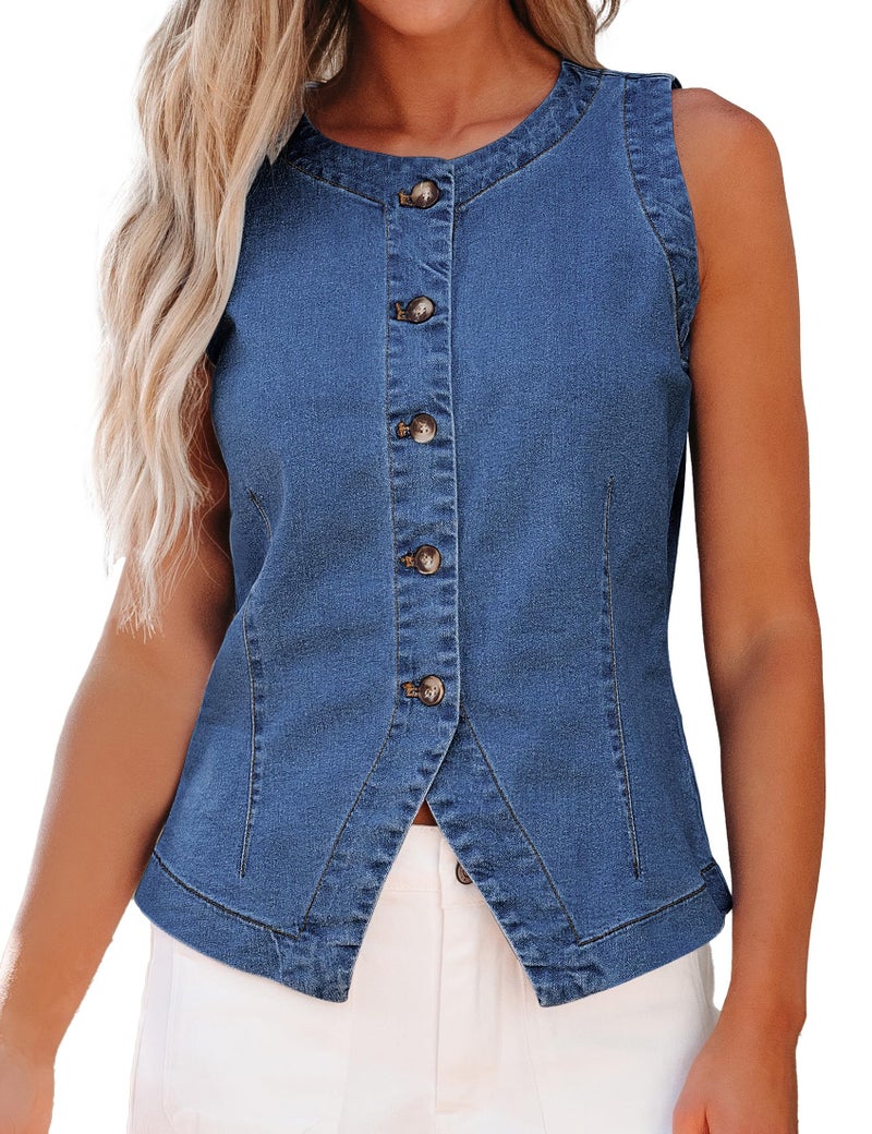 luvamia Denim Vest Top for Women Sleeveless Strechy Casual Jean Vest Top Cowgirl Outfits for Women Button Down Summer Western Waistcoat Medium Blue X-Large US Size 16-18 - Image 1