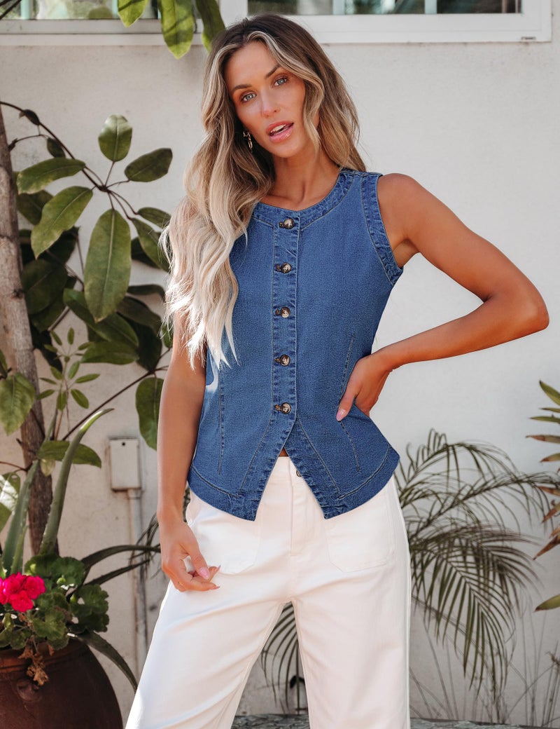 luvamia Denim Vest Top for Women Sleeveless Strechy Casual Jean Vest Top Cowgirl Outfits for Women Button Down Summer Western Waistcoat Medium Blue X-Large US Size 16-18 - Image 2