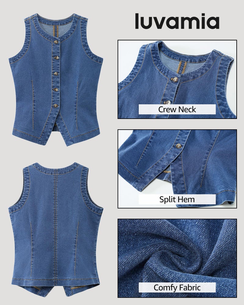 luvamia Denim Vest Top for Women Sleeveless Strechy Casual Jean Vest Top Cowgirl Outfits for Women Button Down Summer Western Waistcoat Medium Blue X-Large US Size 16-18 - Image 5