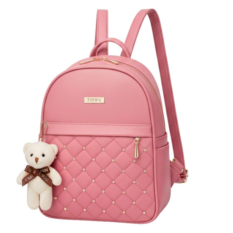 TYPIFY ® Teddy Keychain Faux Leather Backpack for Women – Stylish, Lightweight, Spacious Bag for School, Office, College & Travel – Trendy Everyday Use Backpack for Girls | Gift for Her - Image 1
