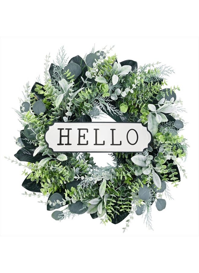 SEVENLOVE Hello Door Wreath, Boxwood Wreath 24inch, 24'' Farmhouse Eucalyptus Flocked Lambs Ear Wreath for Front Door Hanging Wall Window Party Decoration  - Image 1