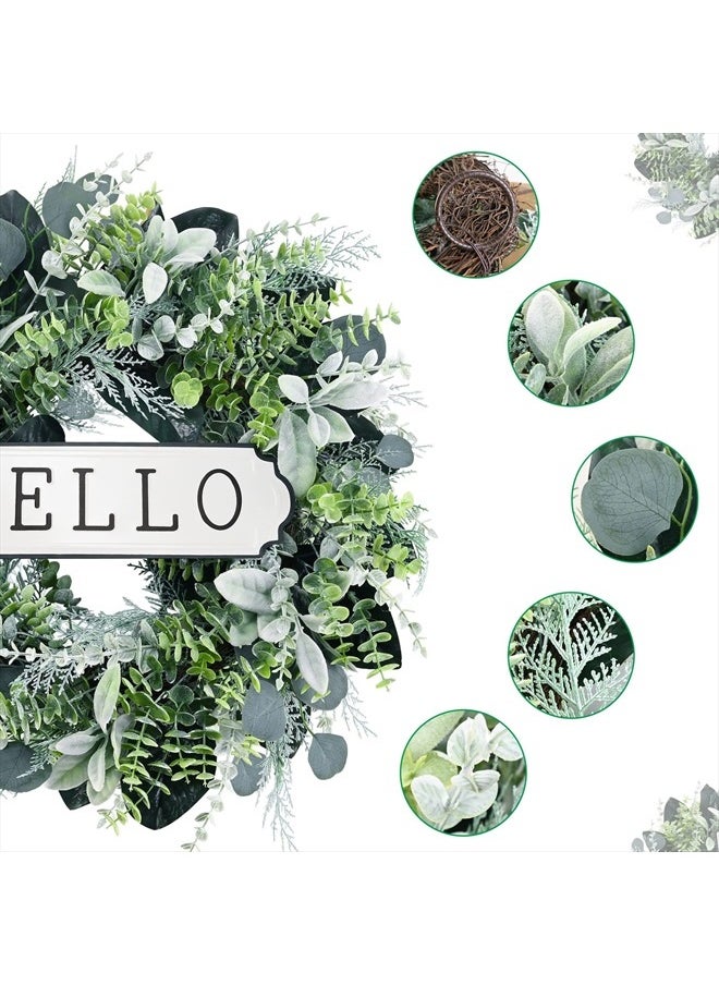 SEVENLOVE Hello Door Wreath, Boxwood Wreath 24inch, 24'' Farmhouse Eucalyptus Flocked Lambs Ear Wreath for Front Door Hanging Wall Window Party Decoration  - Image 3