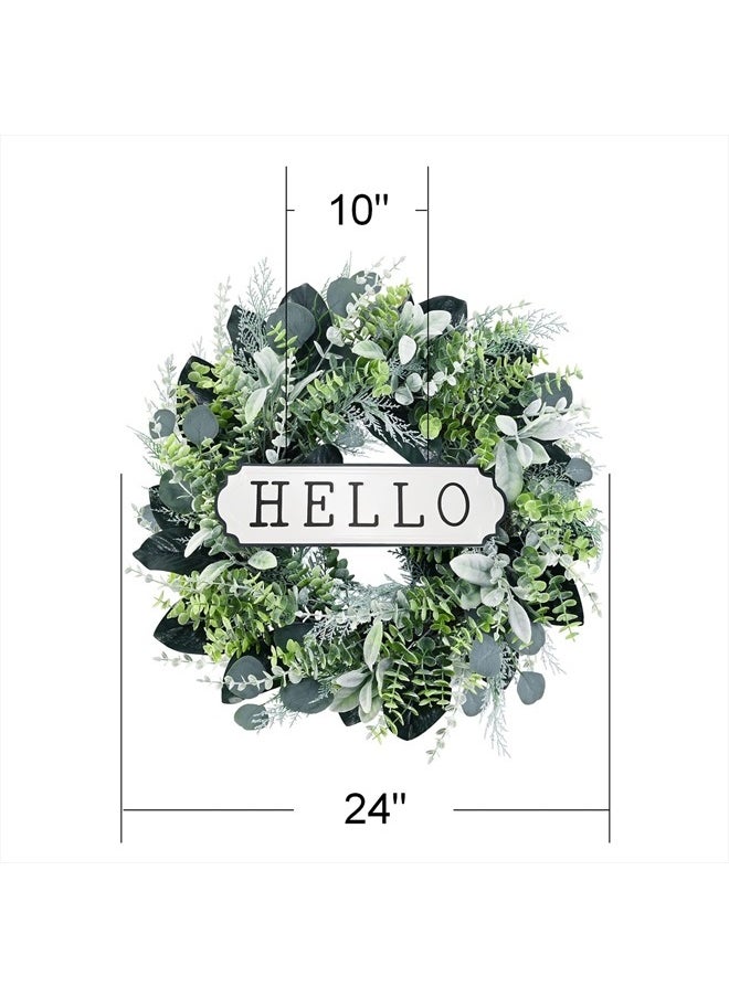 SEVENLOVE Hello Door Wreath, Boxwood Wreath 24inch, 24'' Farmhouse Eucalyptus Flocked Lambs Ear Wreath for Front Door Hanging Wall Window Party Decoration  - Image 2