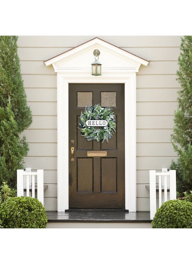 SEVENLOVE Hello Door Wreath, Boxwood Wreath 24inch, 24'' Farmhouse Eucalyptus Flocked Lambs Ear Wreath for Front Door Hanging Wall Window Party Decoration  - Image 5