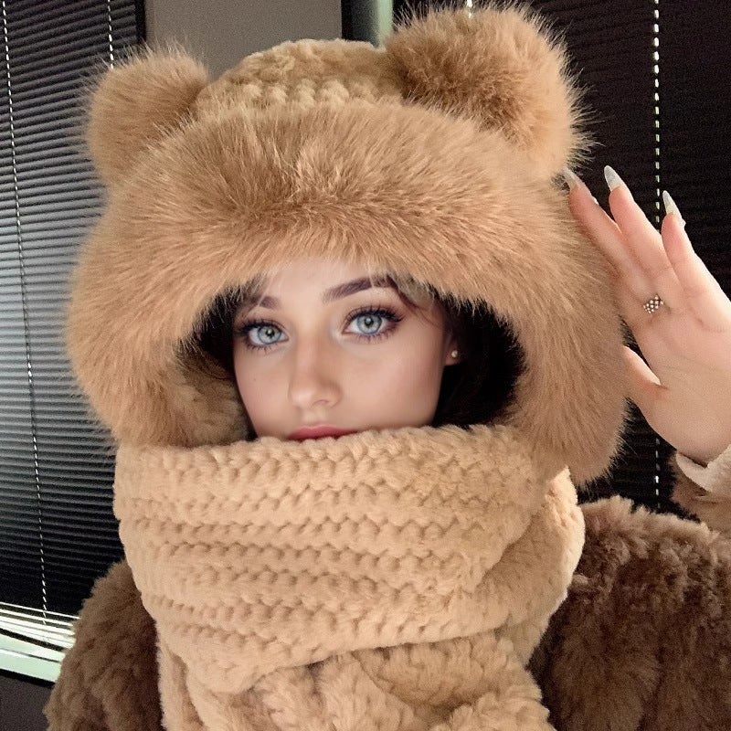 Cute Cat Ear Knit Beanie Women Autumn Winter Fashion Warm 1218 camel three-piece set [fur ball ears-big fur hat brim-]-]