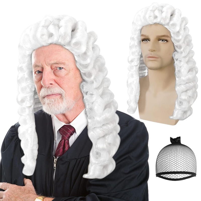ANOGOL Hair Cap White Judge Wig Men Barristers Cosplay Founding Father Costume Colonial Wigs for Men Powdered Wig Historical Lawyer Novelty White Synthetic Wigs for Halloween Party