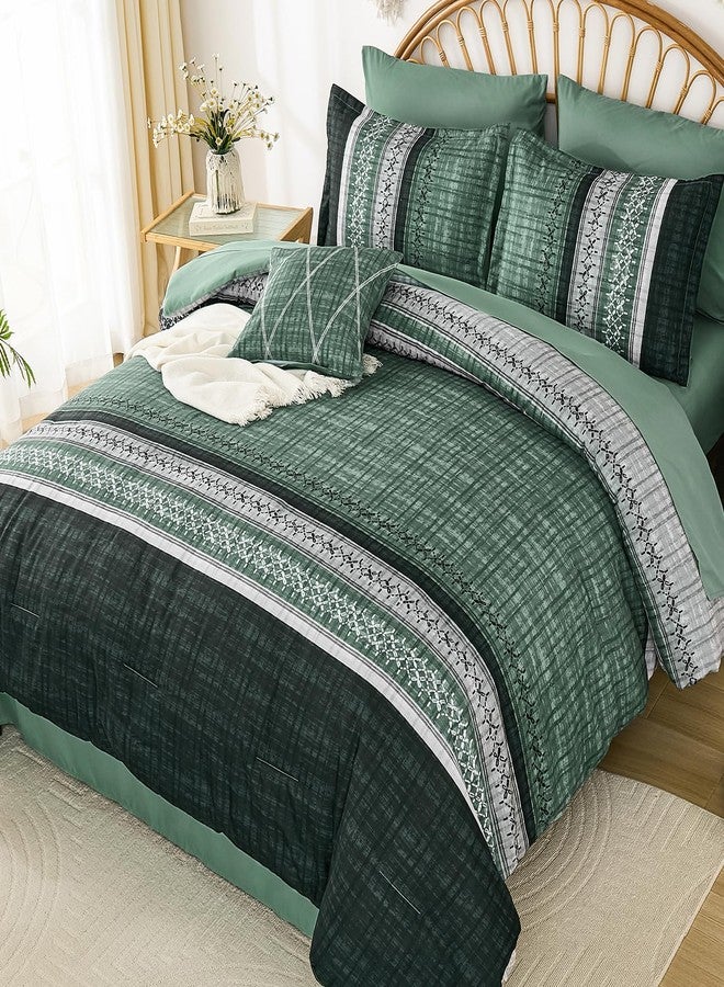 Dintszyayue Green Comforter Set Queen Size, 8 Pieces Boho Striped Bed in a Bag Soft Microfiber Bedding Set for All Season - Image 3