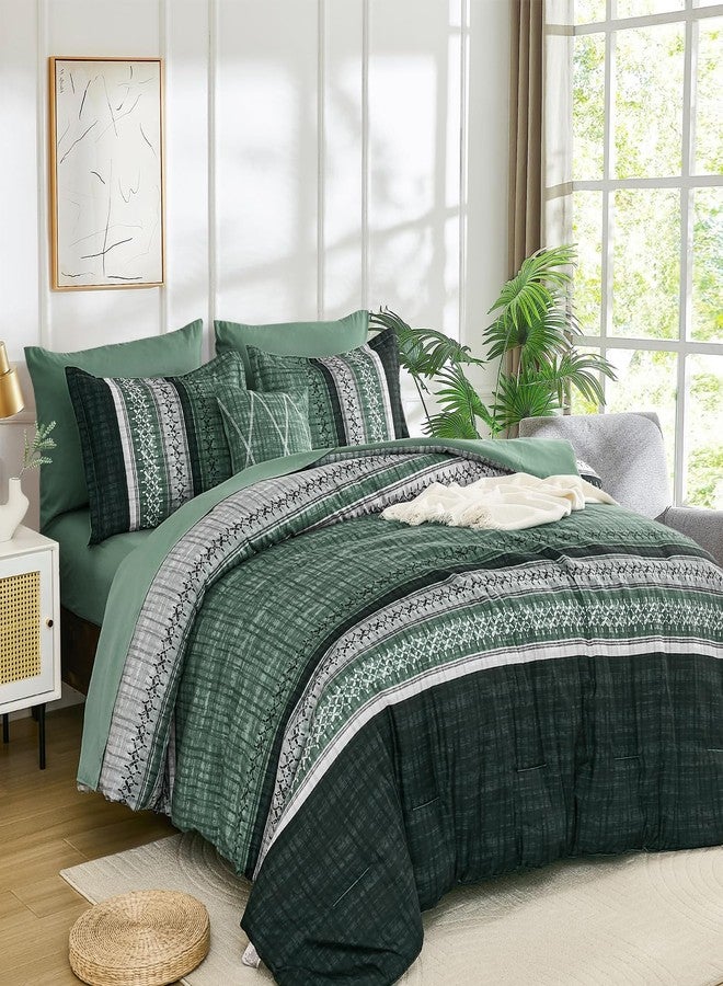 Dintszyayue Green Comforter Set Queen Size, 8 Pieces Boho Striped Bed in a Bag Soft Microfiber Bedding Set for All Season - Image 1