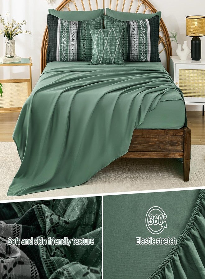 Dintszyayue Green Comforter Set Queen Size, 8 Pieces Boho Striped Bed in a Bag Soft Microfiber Bedding Set for All Season - Image 5